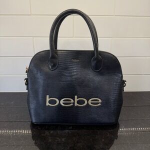 Bebe Black Lizard Embossed Dome Satchel Handbag Gold Logo Top Handle Bag